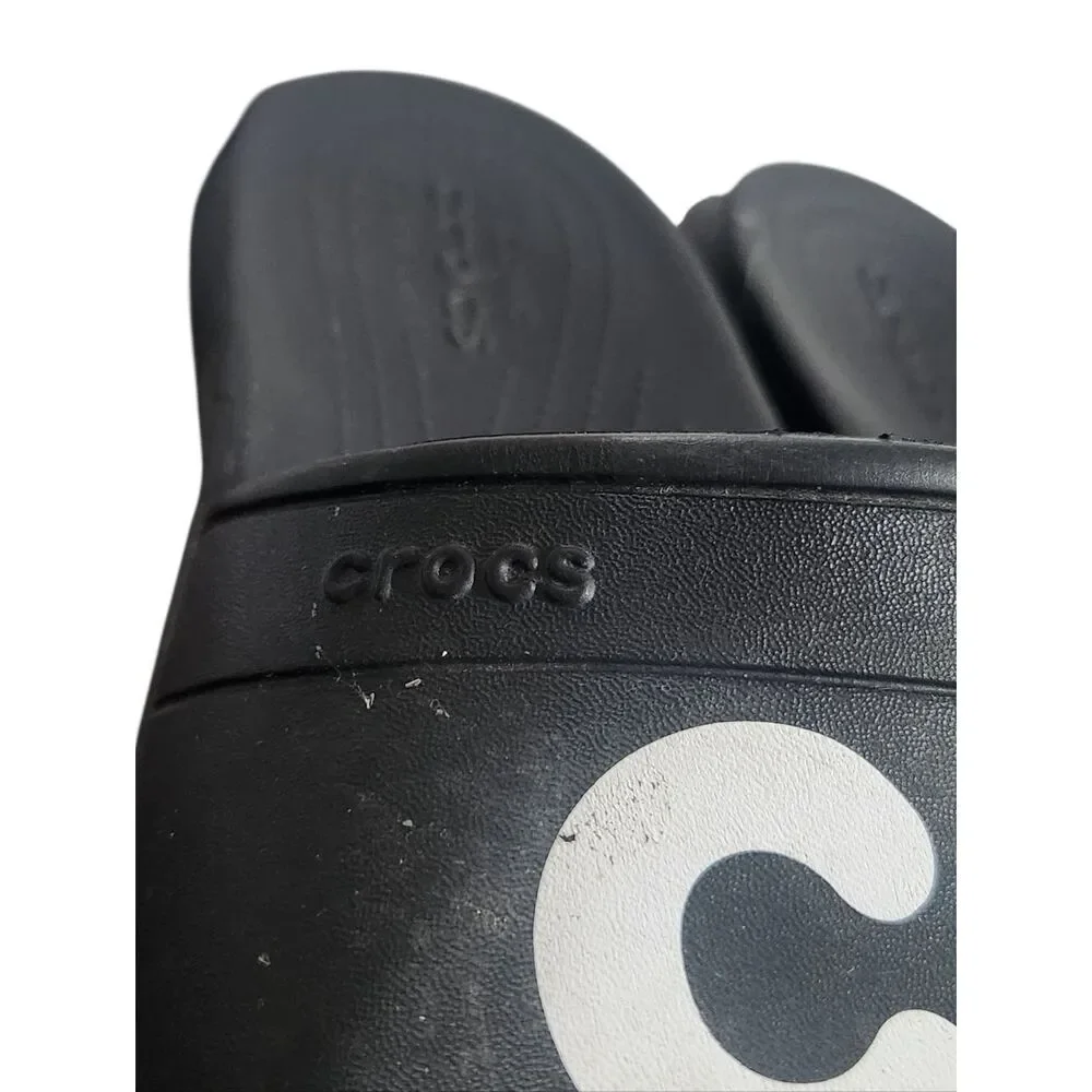 Crocs Black Slides Iconic Classic Sandals Graphic Spell Out Mens 11 Black Unisex